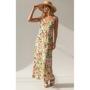 Hurley Tropical Floral Maxi Dress Size Medium White Pink Green Palm Beach Summer